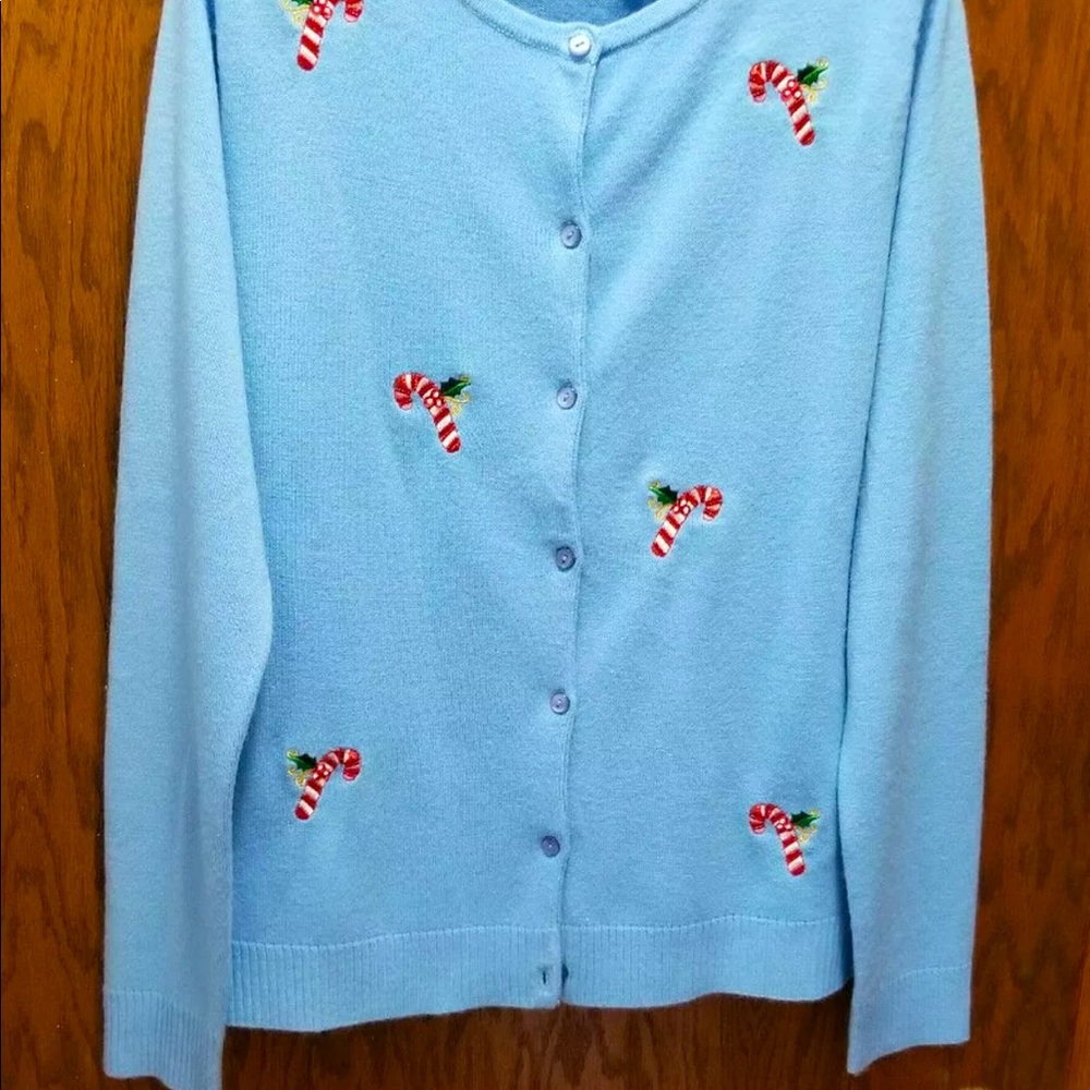 Wish For Joy Sky Candy Canes Blue Holiday Button Down Cardigan Sweater  Large